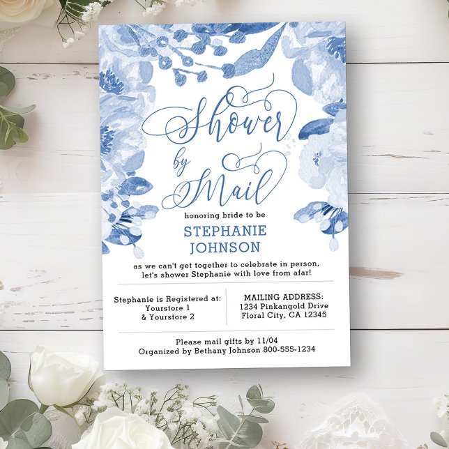 Invitation Floral Dusty Blue Fête des mariées virtuelle par c (Long Distance Invitation from my Dusty Blue Watercolor Floral Bridal Shower)