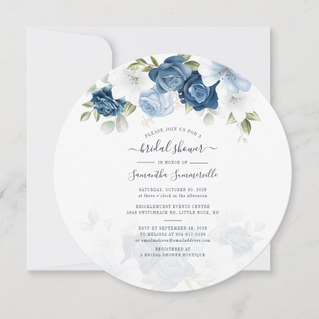 Invitation Floral Dusty Blue Flowers Fête des mariées aquarel (Devant)