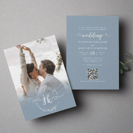 Invitation Floral Dusty Blue Monogram Photo QR Code Mariage