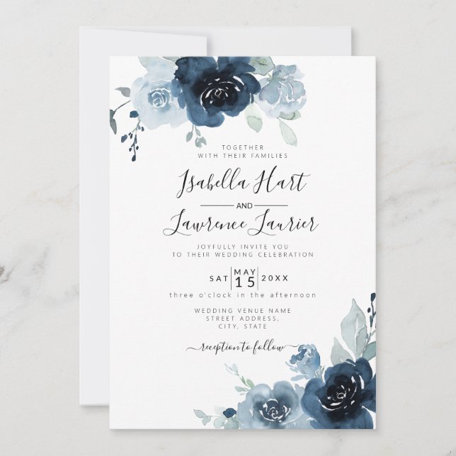 Invitation Floral Dusty Blue Pastel Marine Mariage en ardoise (Devant)