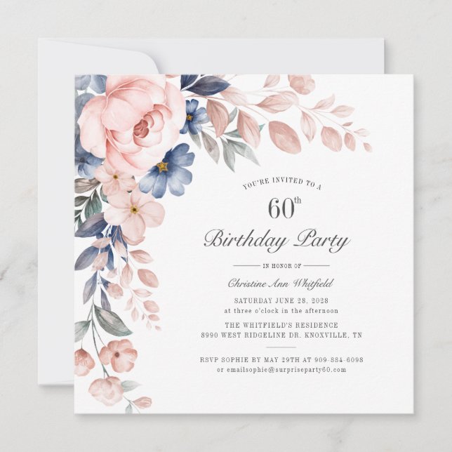 Invitation Floral Dusty Blue Pink 60e fête d'anniversaire (Devant)
