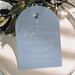 Invitation Floral Dusty Blue Silver Cross Arch Boys Baptême