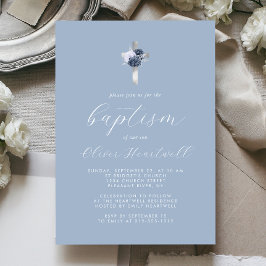 Invitation Floral Dusty Blue Silver Cross Garçons Baptême