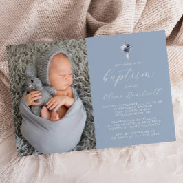 Invitation Floral Dusty Blue Silver Cross Photo Boys Baptême