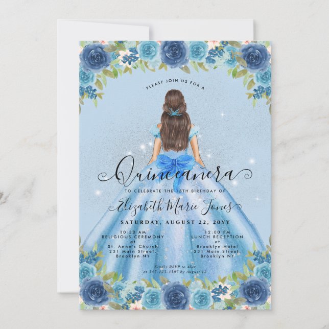 Invitation Floral Dusty Blue Silver Glam Princesse Quinceaner (Devant)