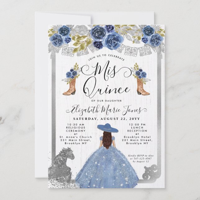 Invitation Floral Dusty Blue Silver Horse Charra Quinceanera (Devant)