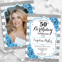 Floral Dusty Blue Silver Photo 50e anniversaire