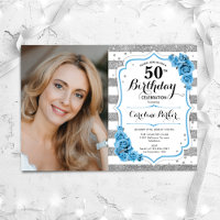 Floral Dusty Blue Silver White Photo 50e anniversa