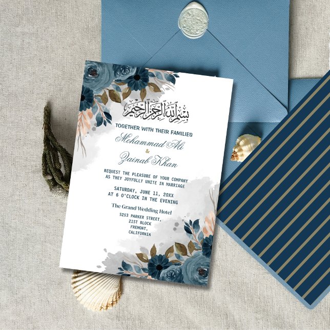 Invitation Floral Dusty Blue Walima Mariage islamique (Créateur téléchargé)