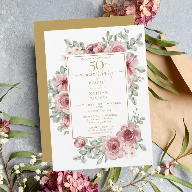 Invitation Floral Dusty Rose 50e Anniversaire Mariage d'or (Créateur téléchargé)