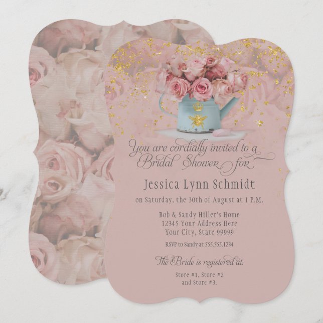 Invitation Floral Dusty Rose Bee Gold Parties scintillant Fêt (Devant / Derrière)