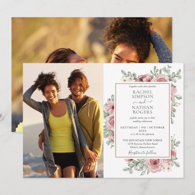 Invitation Floral Dusty Rose Gold 2 Photos Mariage (Devant / Derrière)