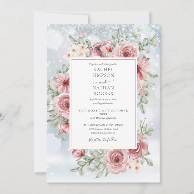 Invitation Floral Dusty Rose Gold Mariage d'hiver (Devant)