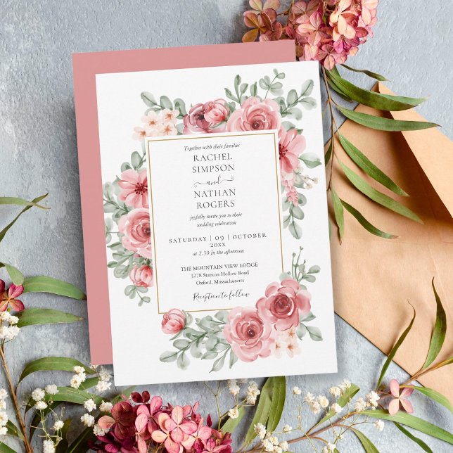 Invitation Floral Dusty Rose Mariage or (Créateur téléchargé)