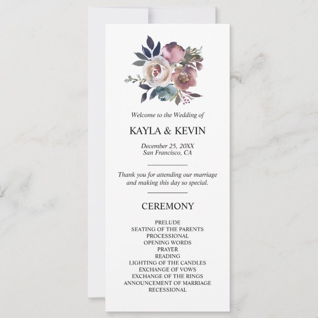 Invitation Floral Dusty Rose Mauve Marine Blue Mariage cérémo (Devant)