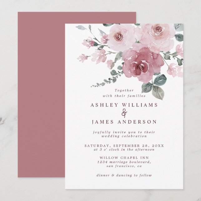 Invitation Floral Dusty Rose Rose Mariage Bourgogne (Devant / Derrière)