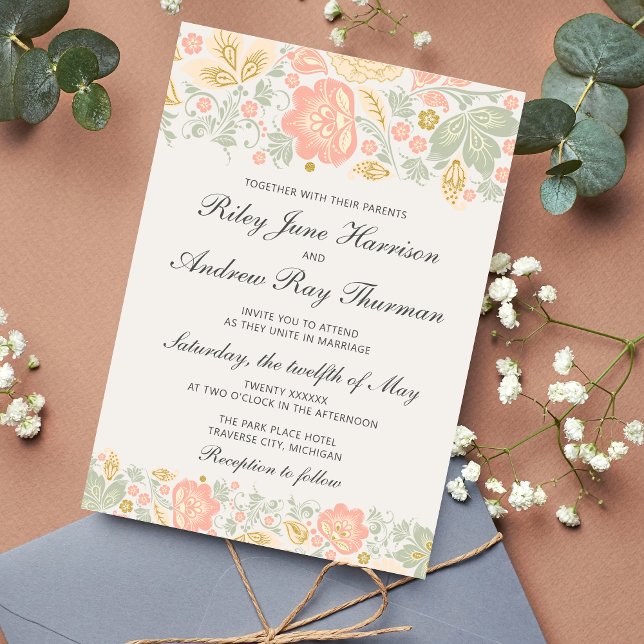 Invitation Floral Elegance Peach Blush Sage Classic Mariage (Créateur téléchargé)