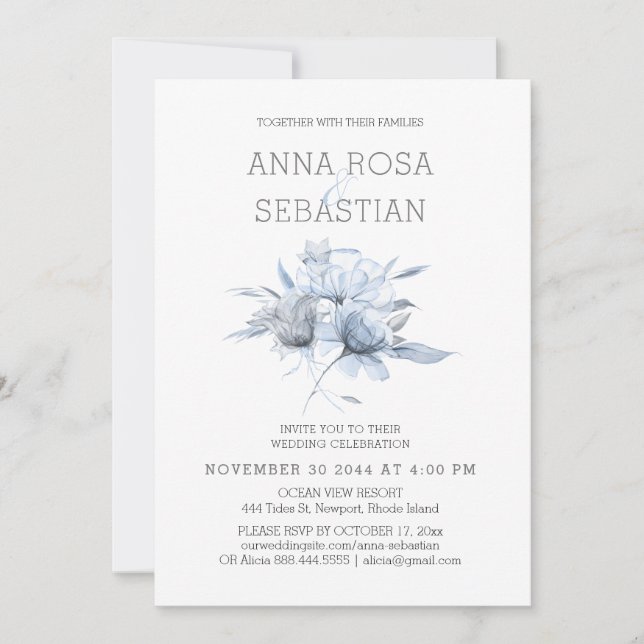 Invitation *~* Floral Elegant AR15 MARIAGE Blue Rose RSVP + (Devant)
