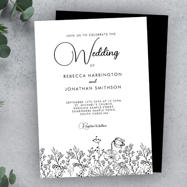 Invitation Floral Elegant Black White Wildflowers Wedding (Créateur téléchargé)