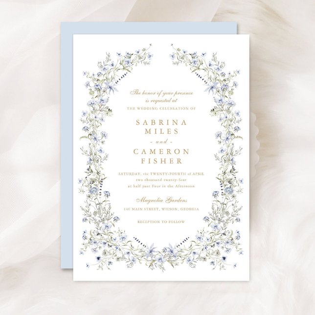 Invitation Floral Elegant Blue Wreath Fleur sauvage Mariage (Créateur téléchargé)