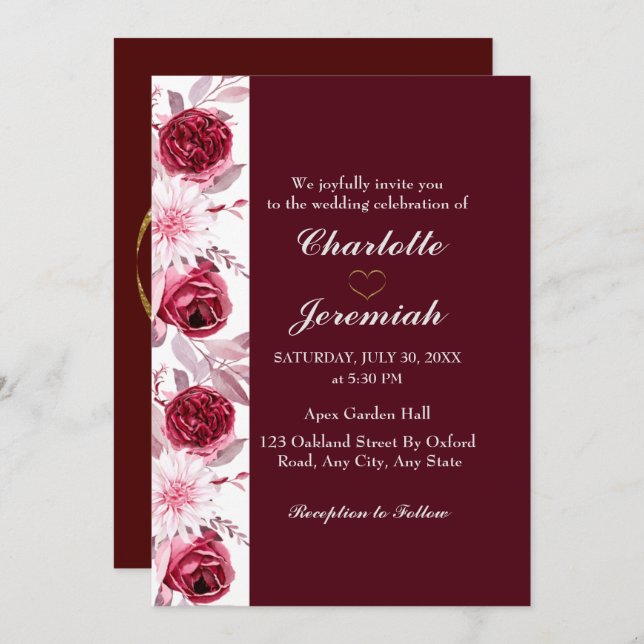 Invitation Floral Elegant Blush rose Bourgogne Mariage Script (Devant / Derrière)