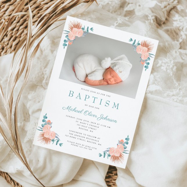 Invitation Floral Elegant Boy Photo Baptême (Floral Elegant Boy Photo Baptism Invitation)