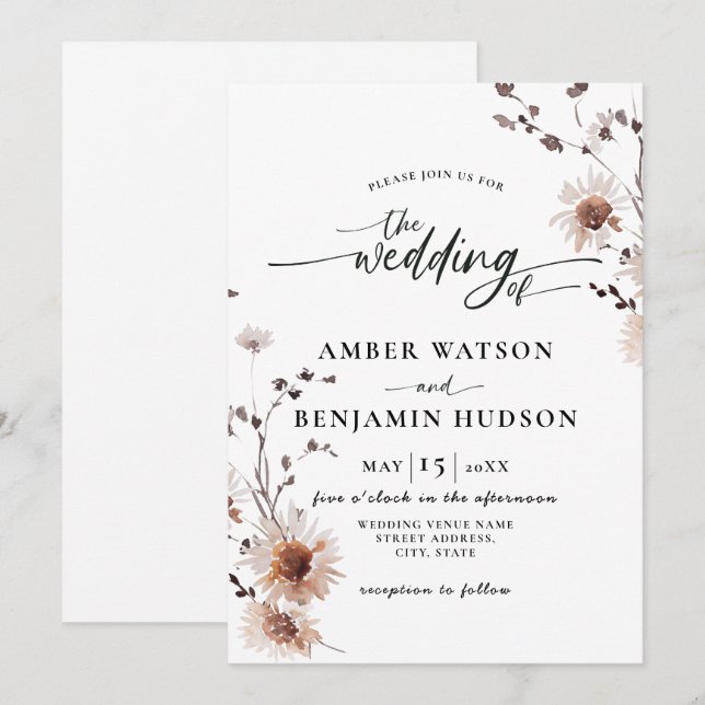Invitation Floral Élégant calligraphie Mariage Fleurs séchées (Devant / Derrière)