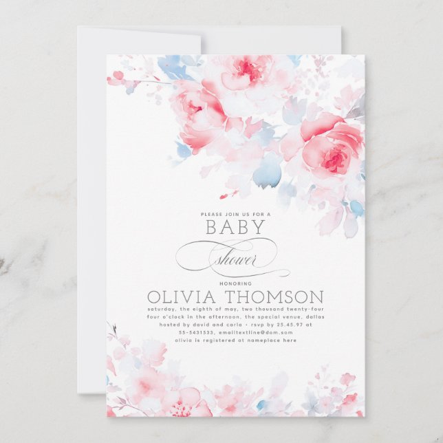 Invitation Floral Elegant Doux Dusty Baby shower bleu rose (Devant)