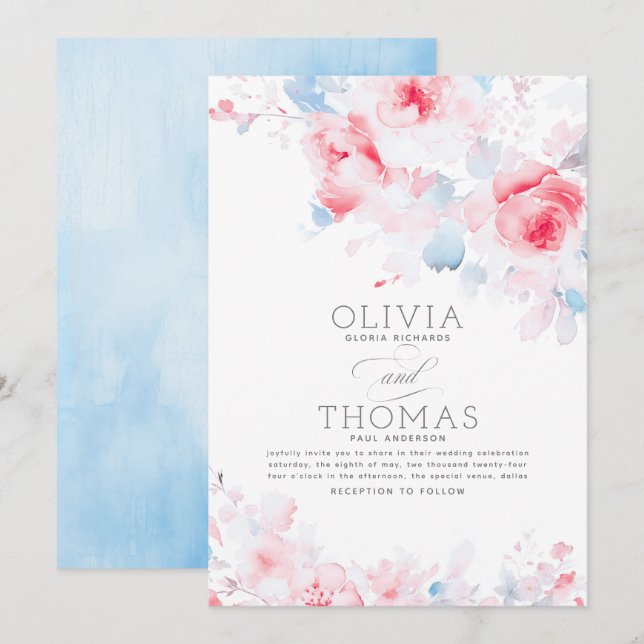 Invitation Floral Elegant Dusty Bleu et Mariage rose (Devant / Derrière)