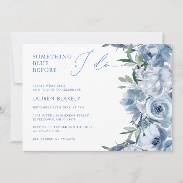 Invitation Floral Elegant Dusty Blue Fête des mariées (Devant)