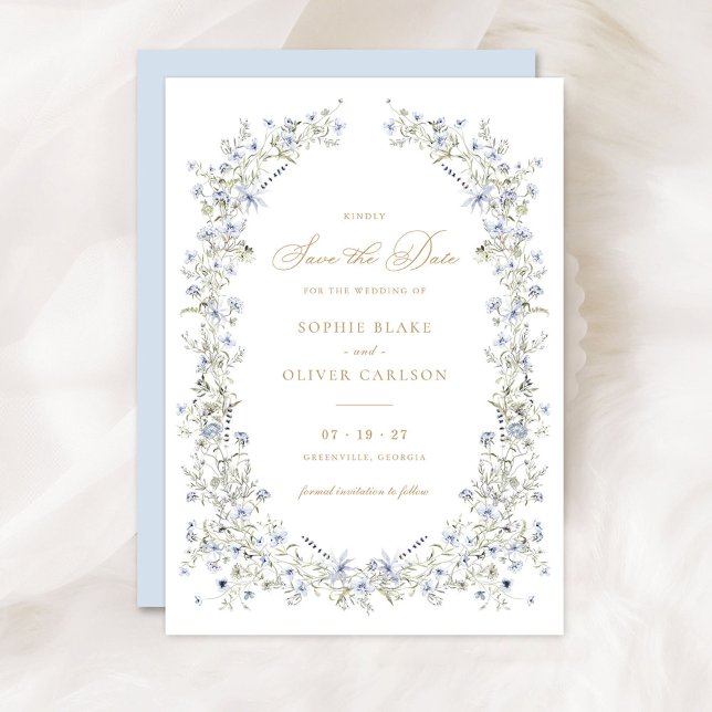 Invitation Floral Elegant Dusty Blue Wreath Enregistrer la da (Créateur téléchargé)