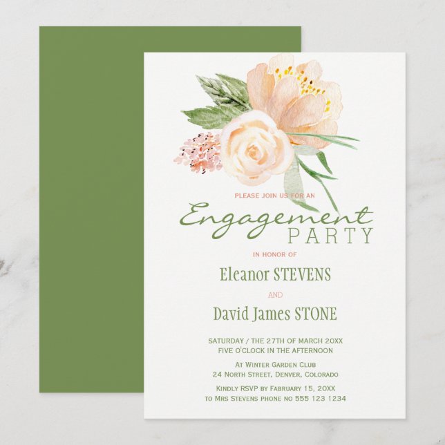 Invitation floral élégant fiançailles d'or de pêch (Devant / Derrière)
