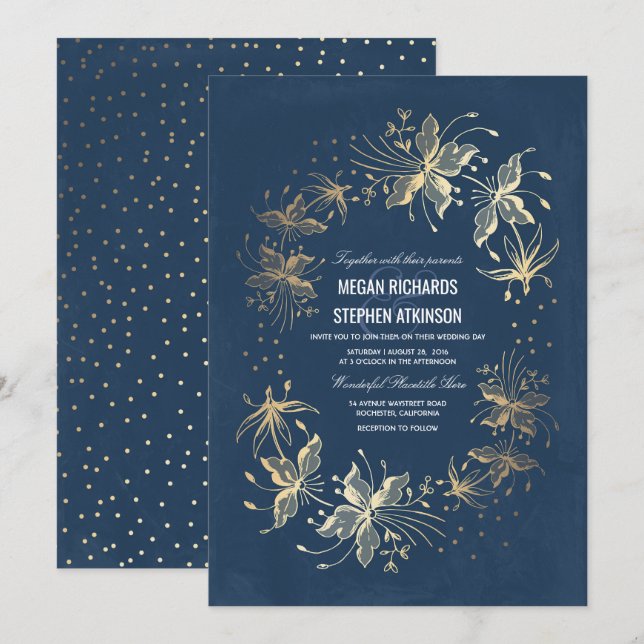 Invitation Floral Elegant Gold et Mariage de marine (Devant / Derrière)