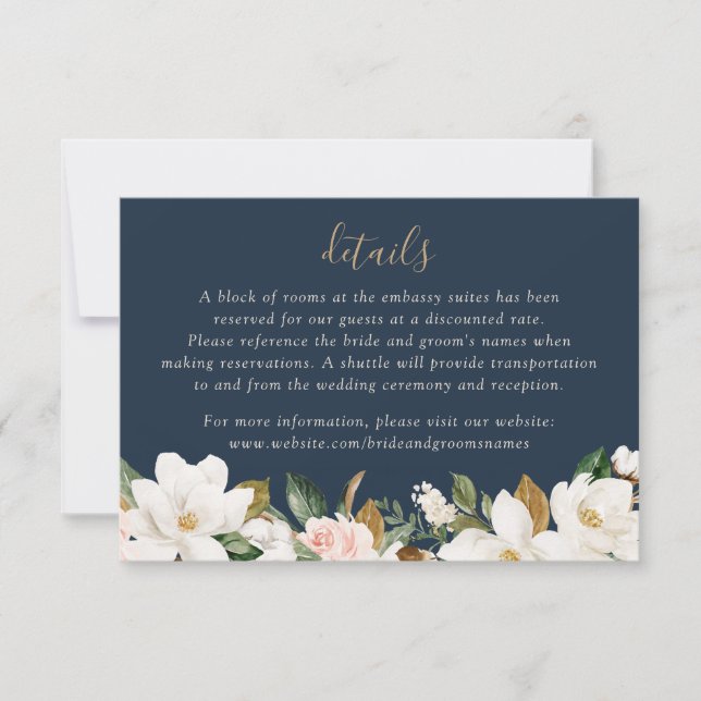 Invitation Floral Elegant Magnolia Blush Navy Neutre Détails (Devant)