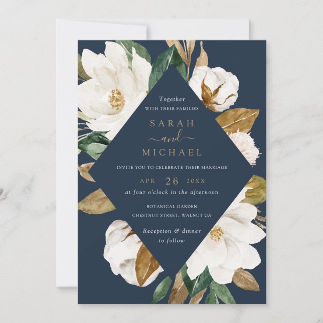 Invitation Floral Elegant Magnolia Mariage de la marine beige (Devant)