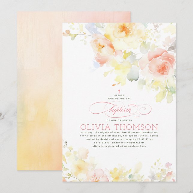 Invitation Floral Elegant Soft Girl's Baptism (Devant / Derrière)