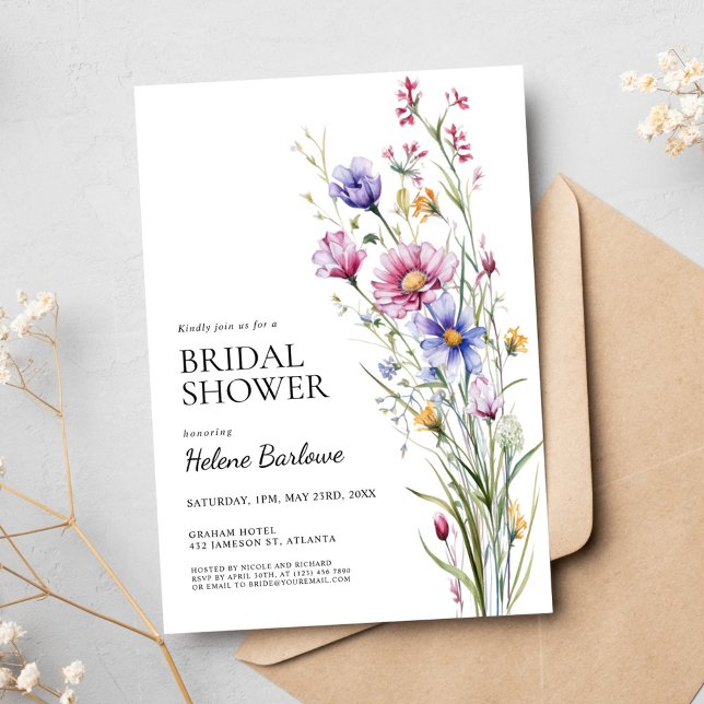 Invitation Floral Elegant Whimsical Fleur sauvage Fête des ma (Floral Elegant Whimsical Wildflower Bridal Shower Invitation)