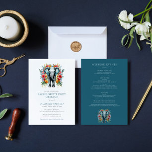 Invitation Floral Elephant Blue Bachelorette Party Week-end
