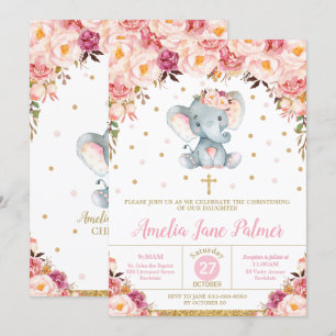 Invitation Floral Elephant Christening Baptême Girl