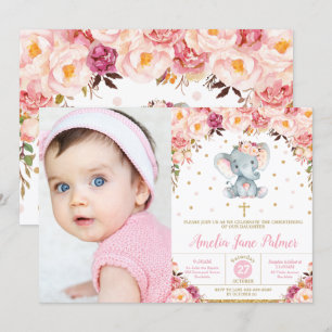 Invitation Floral Elephant Christening Baptême Girl Photo