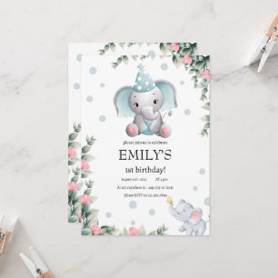 Invitation Floral Elephant Wild Un 1er anniversaire fille