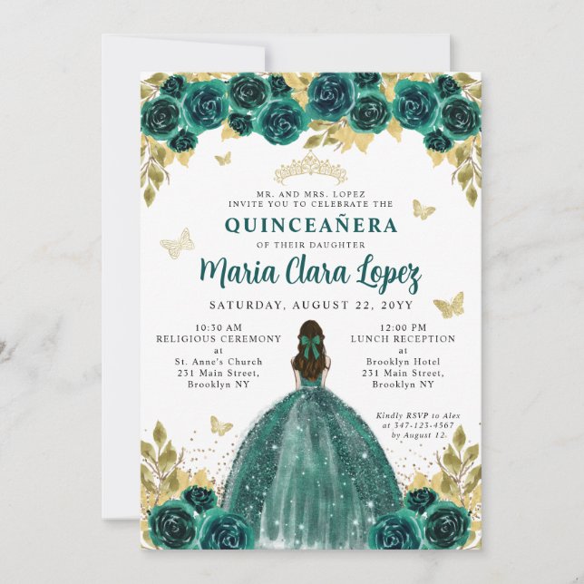 Invitation Floral Emerald Gold Butterfly Princess Quinceanera (Devant)