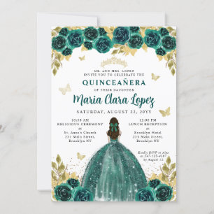Invitation Floral Emerald Gold Butterfly Princess Quinceanera