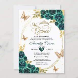 Invitation Floral Emerald Gold Tiara Butterfly Quinceañera