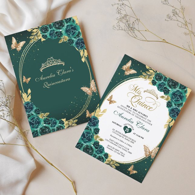 Invitation Floral Emerald Gold Tiara Butterfly Quinceañera (Créateur téléchargé)