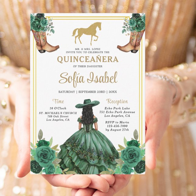 Invitation Floral Emerald Green Boots Horse Quinceanera (Créateur téléchargé)