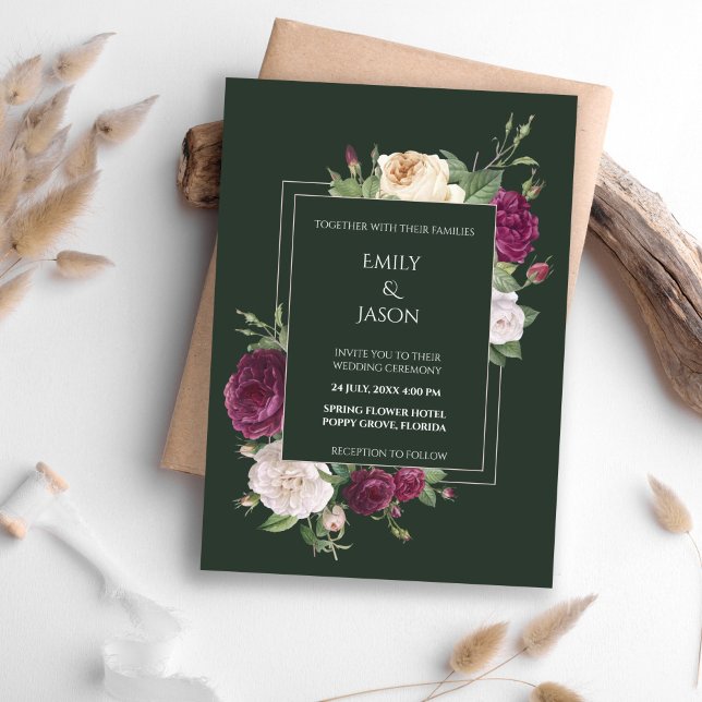 Invitation Floral Emerald Green Bourgogne (Modern Emerald Green Burgundy Floral Invitation on a boho table.)