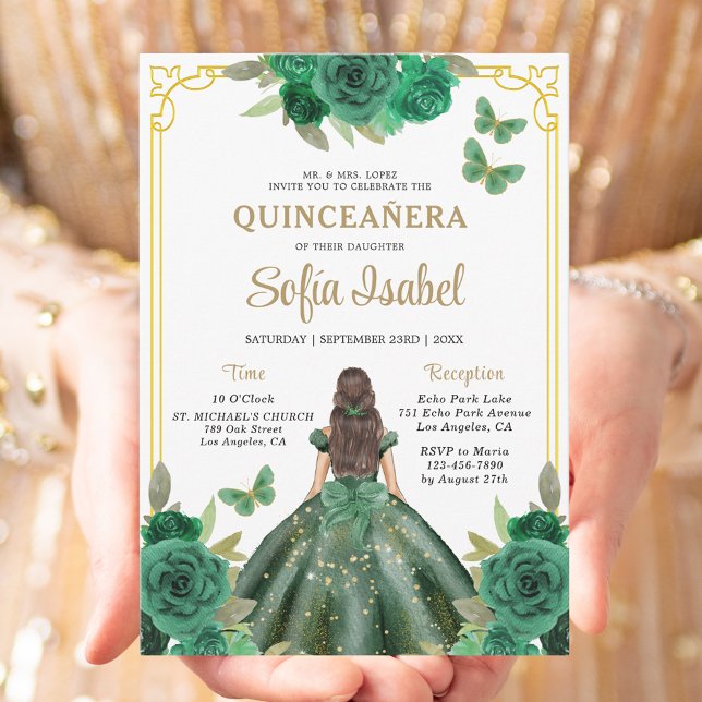 Invitation Floral Emerald Green Butterfly Quinceanera (Créateur téléchargé)