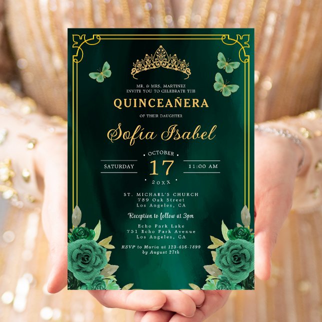 Invitation Floral Emerald Green Butterfly Quinceanera (Créateur téléchargé)