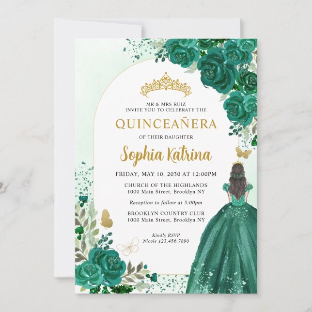 Invitation Floral Emerald Green Princesse Anniversaire Quince (Devant)